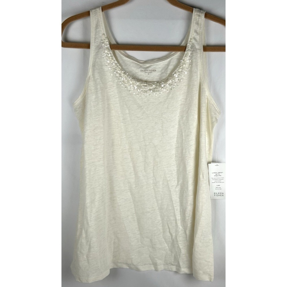 NWT Eileen Fisher White 100% Linen Sequin Scoop Neck Jersey Tank Top Sz M Shell